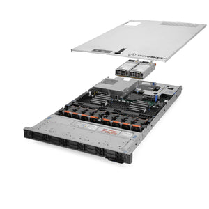 1U 10-Bay PowerEdge R640 2.5'' quarter turn view with lid raised to show interior components, with 2 PSUs