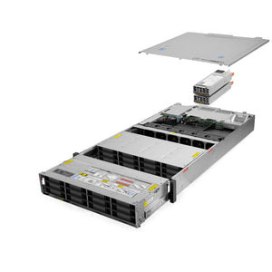 2U 24-Bay + 2x 3.5'' FlexBay PowerEdge R740xd 3.5'' quarter turn view with lid raised to show interior components, with 2 PSUs