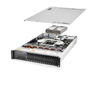 2U 16-Bay PowerEdge R830 2.5'' quarter turn view with lid raised to show interior components, with 2 PSUs