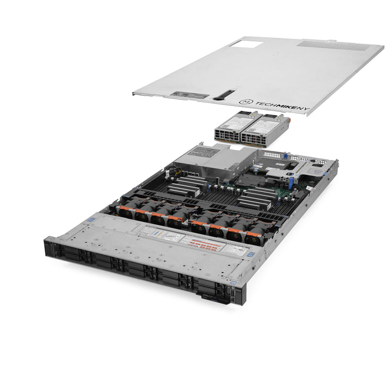 1U 10-Bay PowerEdge R640 8x 2.5'' NVMe quarter turn view with lid raised to show interior components, with 2 PSUs TM-SAP-640-400