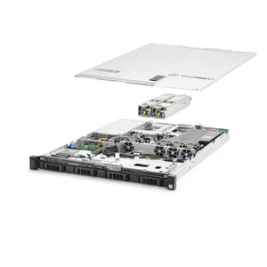 1U 4-Bay PowerEdge R330 3.5'' quarter turn view with lid raised to show interior components, with 2 PSUs