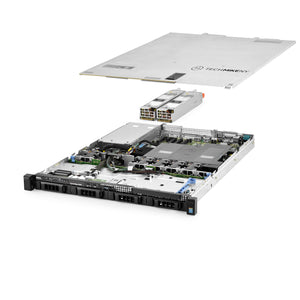 1U 4-Bay PowerEdge R430 3.5'' quarter turn view with lid raised to show interior components, with 2 PSUs