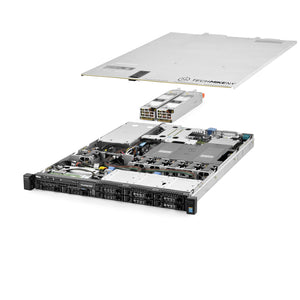 1U 8-Bay PowerEdge R430 2.5'' quarter turn view with lid raised to show interior components, with 2 PSUs