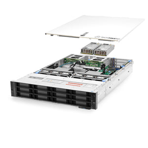 2U 12-Bay PowerEdge R740xd 3.5'' quarter turn view with lid raised to show interior components, with 2 PSUs