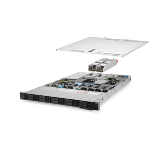 1U 10-Bay PowerEdge R6415 9x 2.5'' NVMe quarter turn view with lid raised to show interior components, with 2 PSUs