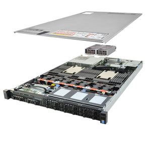 1U 8-Bay PowerEdge R630 2.5'' quarter turn view with lid raised to show interior components, with 2 PSUs