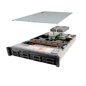 2U 8-Bay PowerEdge R730 3.5'' quarter turn view with lid raised to show interior components, with 2 PSUs