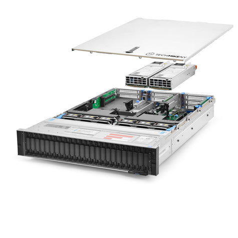 2U 24-Bay PowerEdge R740xd 12x 2.5'' NVMe quarter turn view with lid raised to show interior components, with 2 PSUs TM-740xd-SAP-571