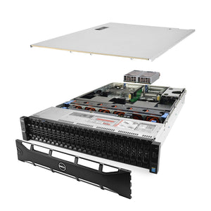 2U 24-Bay PowerEdge R730xd 2.5'' quarter turn view with lid raised to show interior components, with 2 PSUs and bezel TM-SAP-730xd-142