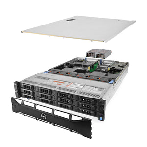 2U 12-Bay PowerEdge R730xd 3.5'' quarter turn view with lid raised to show interior components, with 2 PSUs and bezel