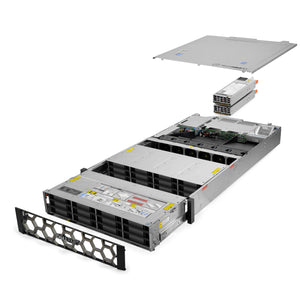2U 24-Bay + 2x 3.5'' FlexBay PowerEdge R740xd 3.5'' quarter turn view with lid raised to show interior components, with 2 PSUs and bezel