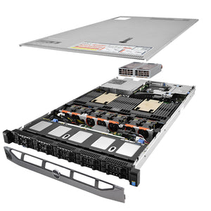 1U 10-Bay PowerEdge R630 2.5'' quarter turn view with lid raised to show interior components, with 2 PSUs and bezel