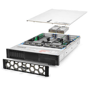 2U 8-Bay PowerEdge R740 2.5'' quarter turn view with lid raised to show interior components, with 2 PSUs and bezel TM-740-SAP-252