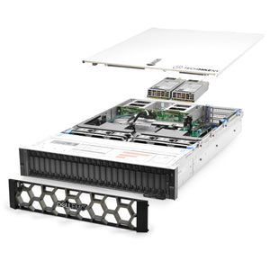 2U 24-Bay PowerEdge R740xd 8x 2.5'' NVMe quarter turn view with lid raised to show interior components, with 2 PSUs and bezel TM-740xd-SAP-983