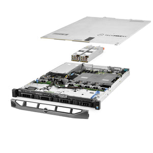 1U 4-Bay PowerEdge R430 3.5'' quarter turn view with lid raised to show interior components, with 2 PSUs and bezel