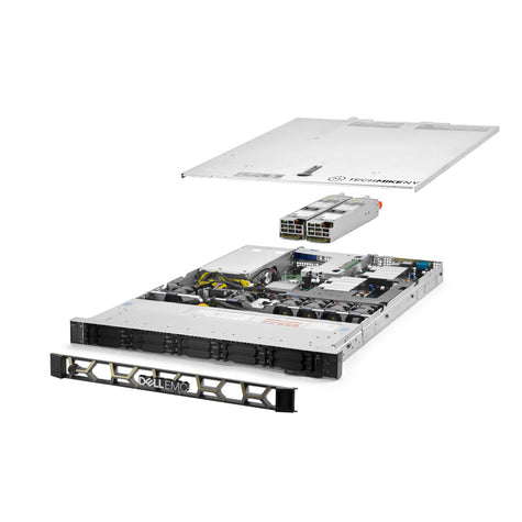 1U 10-Bay PowerEdge R440 2.5'' SAS \/ SATA quarter turn view with lid raised to show interior components, with 2 PSUs and bezel TM-440-SAP-142
