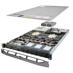 1U 8-Bay PowerEdge R630 2.5'' quarter turn view with lid raised to show interior components, with 2 PSUs and bezel