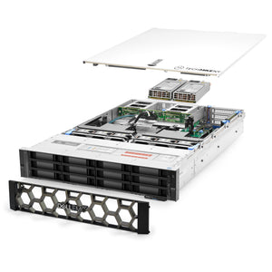 2U 12-Bay PowerEdge R740xd 3.5'' quarter turn view with lid raised to show interior components, with 2 PSUs and bezel