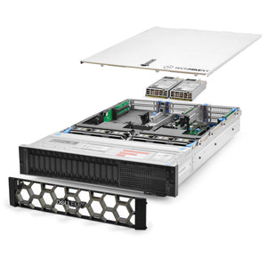 2U 16-Bay PowerEdge R740 2.5'' quarter turn view with lid raised to show interior components, with 2 PSUs and bezel