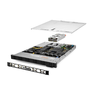 1U 10-Bay PowerEdge R6515 2.5'' quarter turn view with lid raised to show interior components, with 2 PSUs and bezel