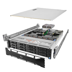 2U 12-Bay + 2x 2.5'' FlexBay PowerEdge R730xd 3.5'' quarter turn view with lid raised to show interior components, with 2 PSUs, bezel, and rail kit TM-SAP-730xd-541