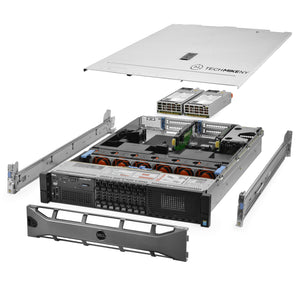 2U 8-Bay PowerEdge R730 2.5'' quarter turn view with lid raised to show interior components, with 2 PSUs, bezel, and rail kit