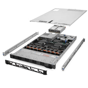 1U 10-Bay PowerEdge R640 2.5'' quarter turn view with lid raised to show interior components, with 2 PSUs, bezel, and rail kit