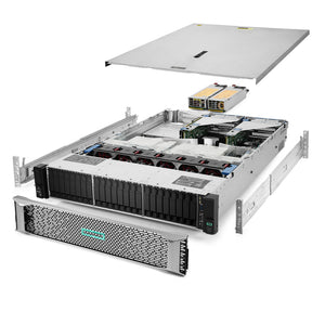 2U 24-Bay ProLiant DL380 G10 2.5'' SAS \/ SATA quarter turn view with lid raised to show interior components, with 2 PSUs, bezel, and rail kit TM-SAP-380-10-102