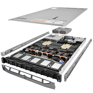 1U 10-Bay PowerEdge R630 2.5'' quarter turn view with lid raised to show interior components, with 2 PSUs, bezel, and rail kit