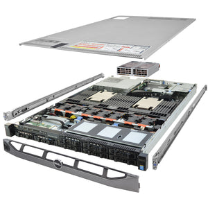 1U 8-Bay PowerEdge R630 2.5'' quarter turn view with lid raised to show interior components, with 2 PSUs, bezel, and rail kit