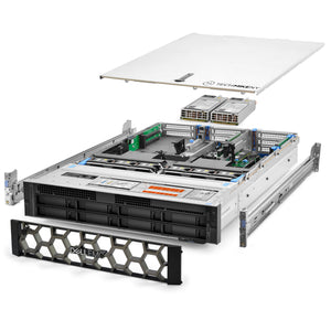 2U 8-Bay PowerEdge R740 3.5'' quarter turn view with lid raised to show interior components, with 2 PSUs, bezel, and rail kit