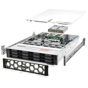 2U 12-Bay + 4x 2.5'' FlexBay PowerEdge R740xd 3.5'' quarter turn view with lid raised to show interior components, with 2 PSUs, bezel, and rail kit