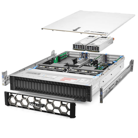 2U 24-Bay PowerEdge R740xd 12x 2.5'' NVMe quarter turn view with lid raised to show interior components, with 2 PSUs, bezel, and rail kit TM-SAP-740xd-009