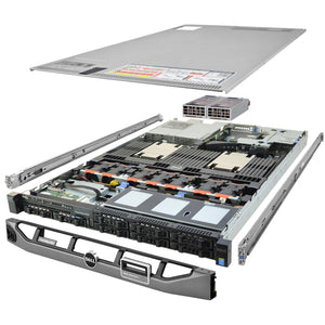 1U 8-Bay PowerEdge R630 2.5'' quarter turn view with lid raised to show interior components, with 2 PSUs, bezel, and rail kit