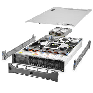 2U 16-Bay PowerEdge R830 2.5'' quarter turn view with lid raised to show interior components, with 2 PSUs, bezel, and rail kit