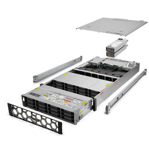 2U 24-Bay + 2x 3.5'' SATA FlexBay PowerEdge R740xd 3.5'' quarter turn view with lid raised to show interior components, with 2 PSUs, bezel, and rail kit