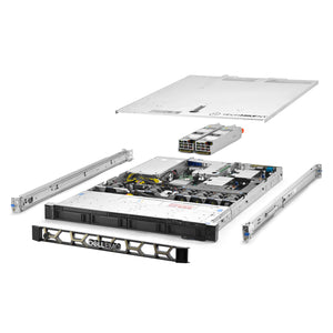 1U 4-bay-Bay PowerEdge R440 3.5'' quarter turn view with lid raised to show interior components, with 2 PSUs, bezel, and rail kit