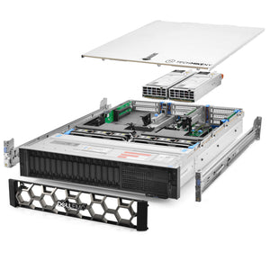 2U 16-Bay PowerEdge R740 2.5'' SAS \/ SATA quarter turn view with lid raised to show interior components, with 2 PSUs, bezel, and rail kit MCBOEAugust2023CLW-1