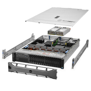 2U 16-Bay PowerEdge R730 2.5'' quarter turn view with lid raised to show interior components, with 2 PSUs, bezel, and rail kit