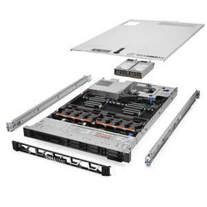 1U 8-Bay PowerEdge R640 2.5'' quarter turn view with lid raised to show interior components, with 2 PSUs, bezel, and rail kit