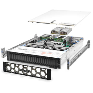 2U 24-Bay PowerEdge R740xd 2.5'' quarter turn view with lid raised to show interior components, with 2 PSUs, bezel, and rail kit