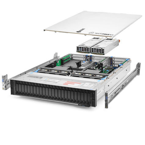 2U 24-Bay VxR P570F 8x 2.5'' NVMe quarter turn view with lid raised to show interior components, with 2 PSUs and rail kit TM-VXRP570F-SAP-106