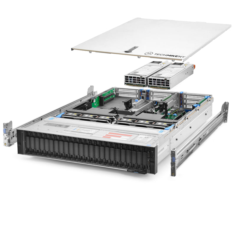 2U 24-Bay VxR P570F 8x 2.5'' NVMe quarter turn view with lid raised to show interior components, with 2 PSUs and rail kit TM-VXRP570F-SAP-106