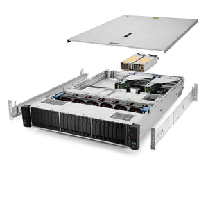 2U 24-Bay ProLiant DL380 G10 16x 2.5'' NVMe quarter turn view with lid raised to show interior components, with 2 PSUs and rail kit TM-SAP-380-10-048