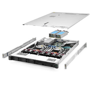 1U 8-Bay ProLiant DL360 G10 2.5'' quarter turn view with lid raised to show interior components, with 2 PSUs and rail kit TM-SAP-360-10-126