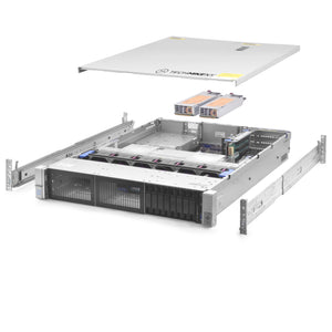 2U 8-Bay + 3x 3.5'' FlexBay ProLiant DL380 G9 2.5'' quarter turn view with lid raised to show interior components, with 2 PSUs and rail kit