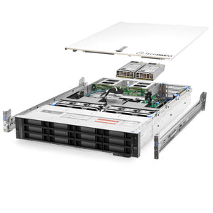 2U 12-Bay + 2x 3.5'' FlexBay + 4x 3.5'' MidBay PowerEdge R740xd 3.5'' quarter turn view with lid raised to show interior components, with 2 PSUs and rail kit TM-SAP-740xd-028