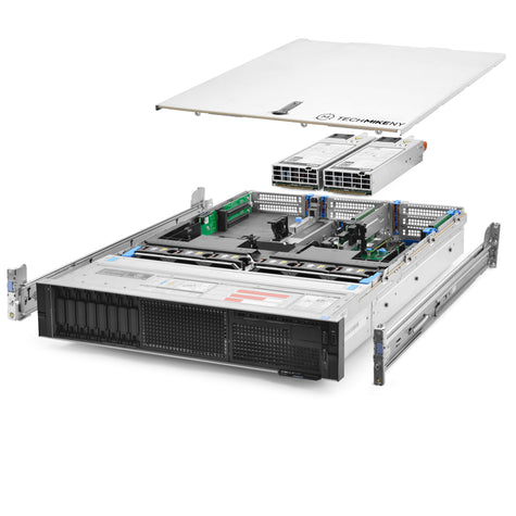2U 8-Bay PowerEdge R740 2.5'' SAS \/ SATA quarter turn view with lid raised to show interior components, with 2 PSUs and rail kit TM-740-SAP-345
