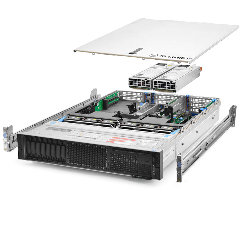 2U 8-Bay PowerEdge R740 2.5'' SAS \/ SATA quarter turn view with lid raised to show interior components, with 2 PSUs and rail kit TM-740-SAP-345