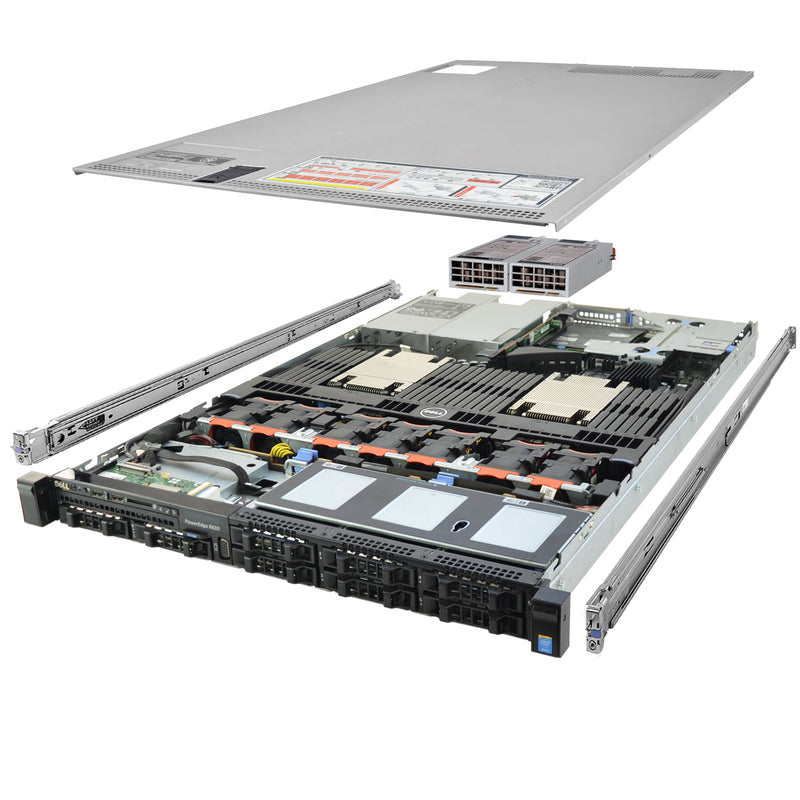 1U 8-Bay PowerEdge R630 2.5'' SAS \/ SATA quarter turn view with lid raised to show interior components, with 2 PSUs and rail kit TM-SAP-630-583